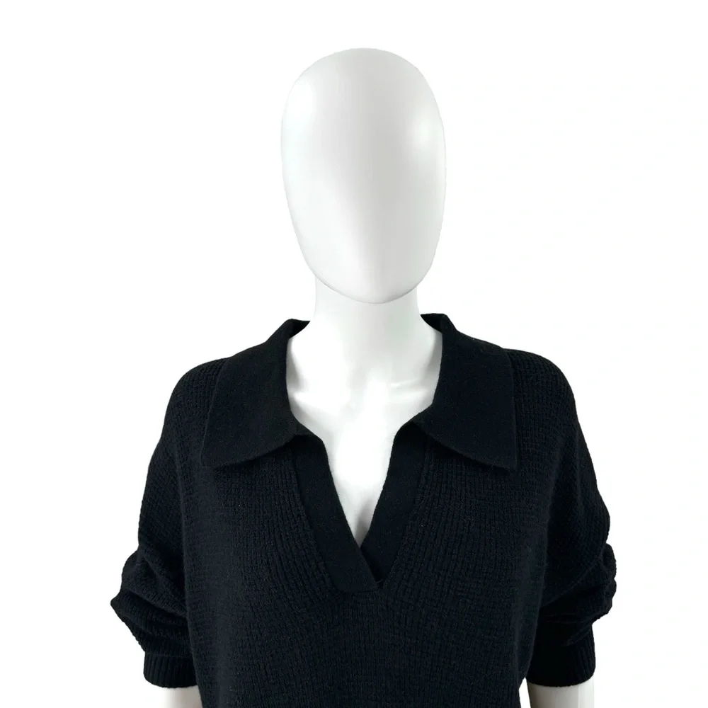 Quince | NEW Baby Alpaca-Wool Waffle Stitch Polo Sweater in Black Size XL - Picture 5 of 11